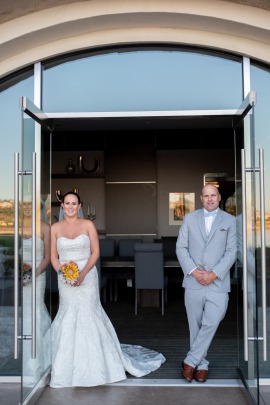 Las Vegas Couple posing in the doorway at Reflection Bay golf in Las Vegas