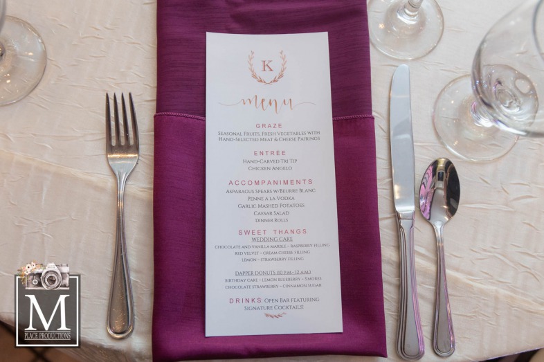 Wedding reception wedding menu with gold and purple accents