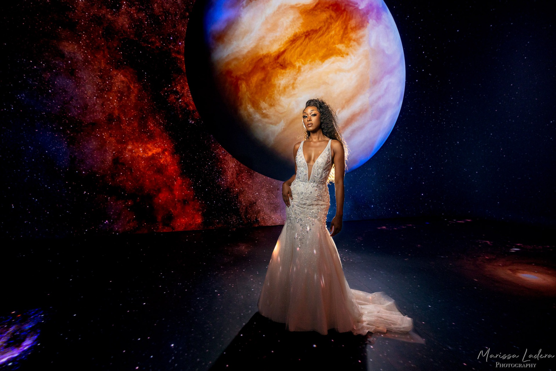 Stunning Wedding Fashions shown in front of a space background by Marissa Ladera Photography