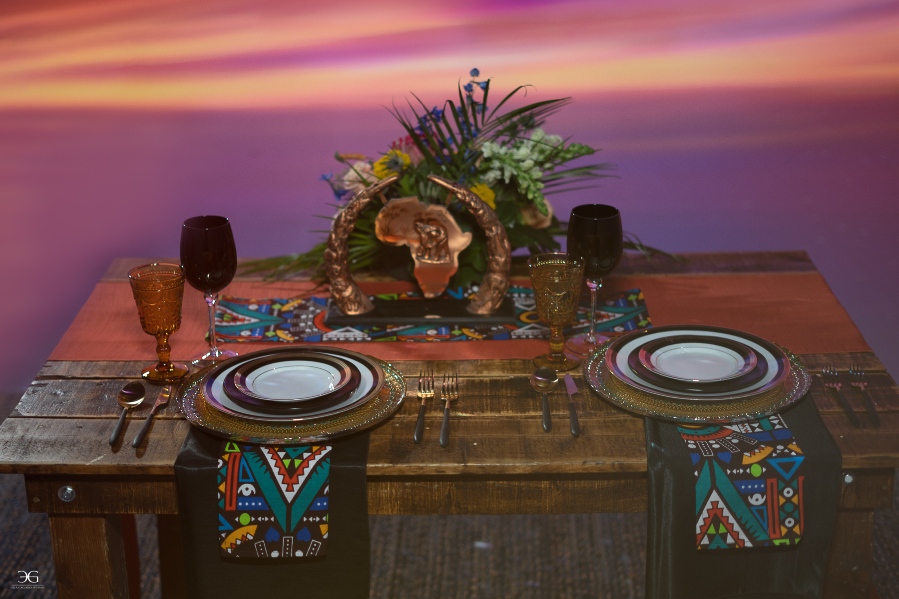 Table setting for an Africa themed Las Vegas Wedding