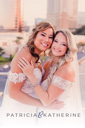 Patricia & Catherine's stunning LGBTQ wedding on the Las Vegas Strip. Two beautiful brides embrace cheek to cheek with the Vegas City Skyline behind them.